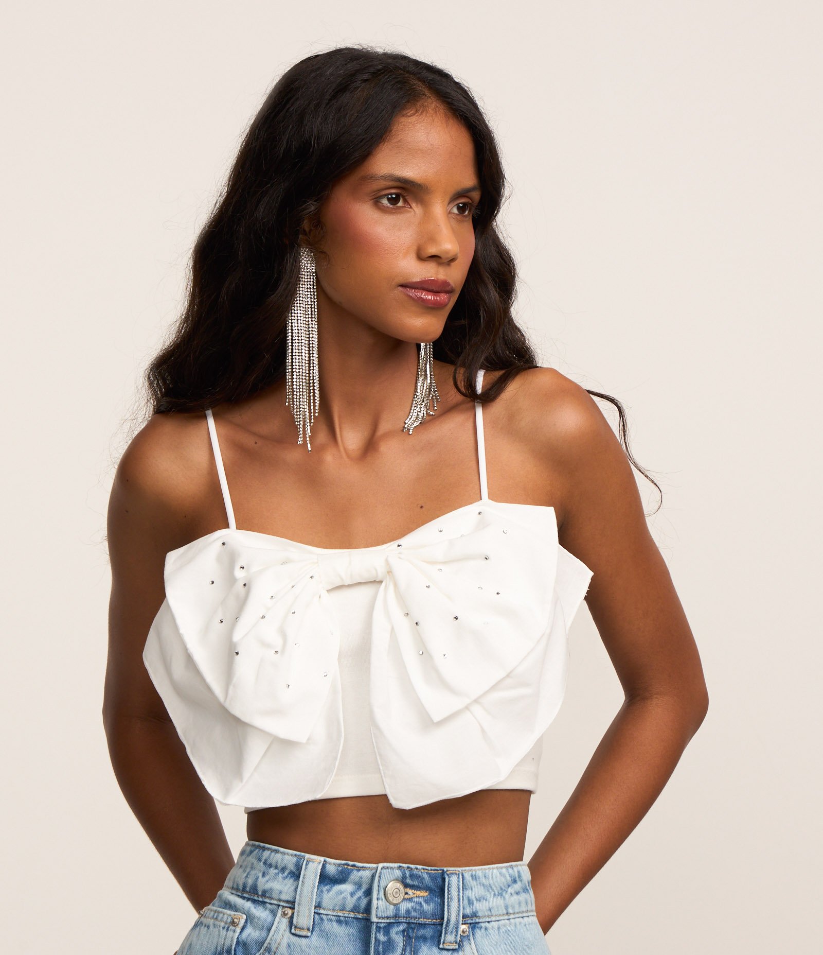 Blusa Cropped em Algodão com Laço e Brilhos Aplicados Branco 1