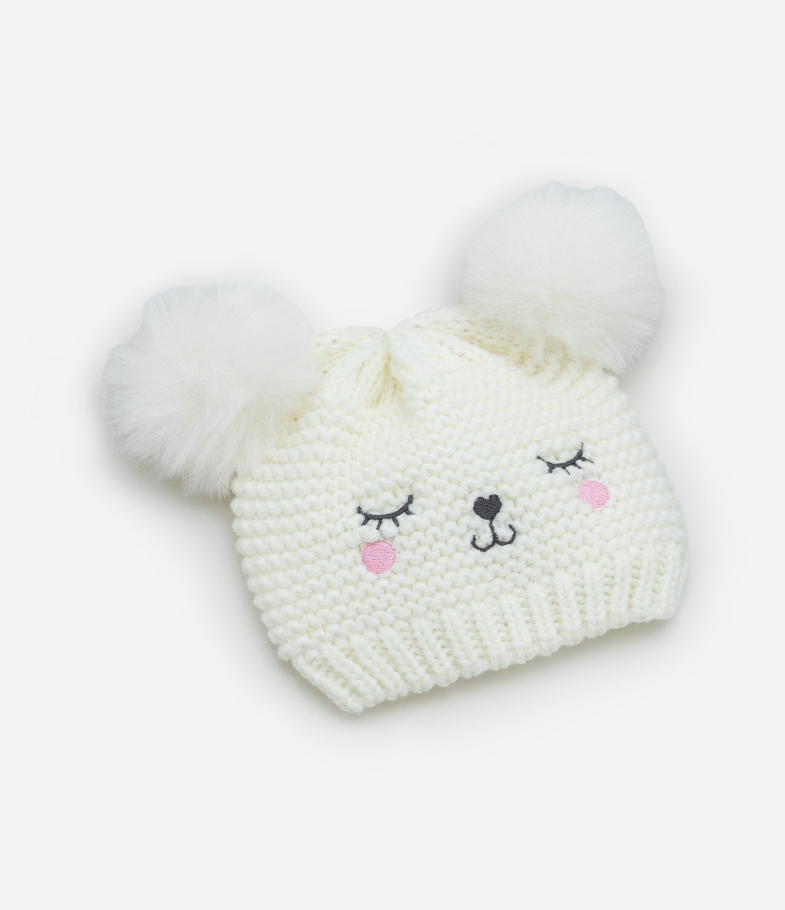 Touca Infantil em Tricô com Pompos e Carinha Bordada - Tam 0 a 12 meses Off White 1