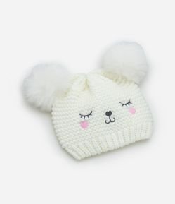 Touca Infantil em Tricô com Pompos e Carinha Bordada - Tam 0 a 12 meses