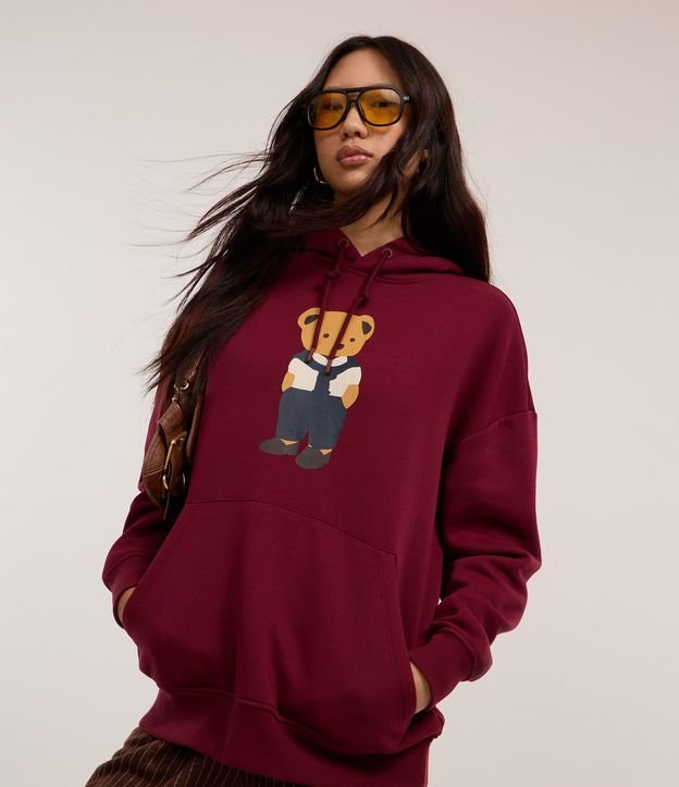 Moletom com Forro Fleece e Estampa de Ursinho com Bolso Canguru