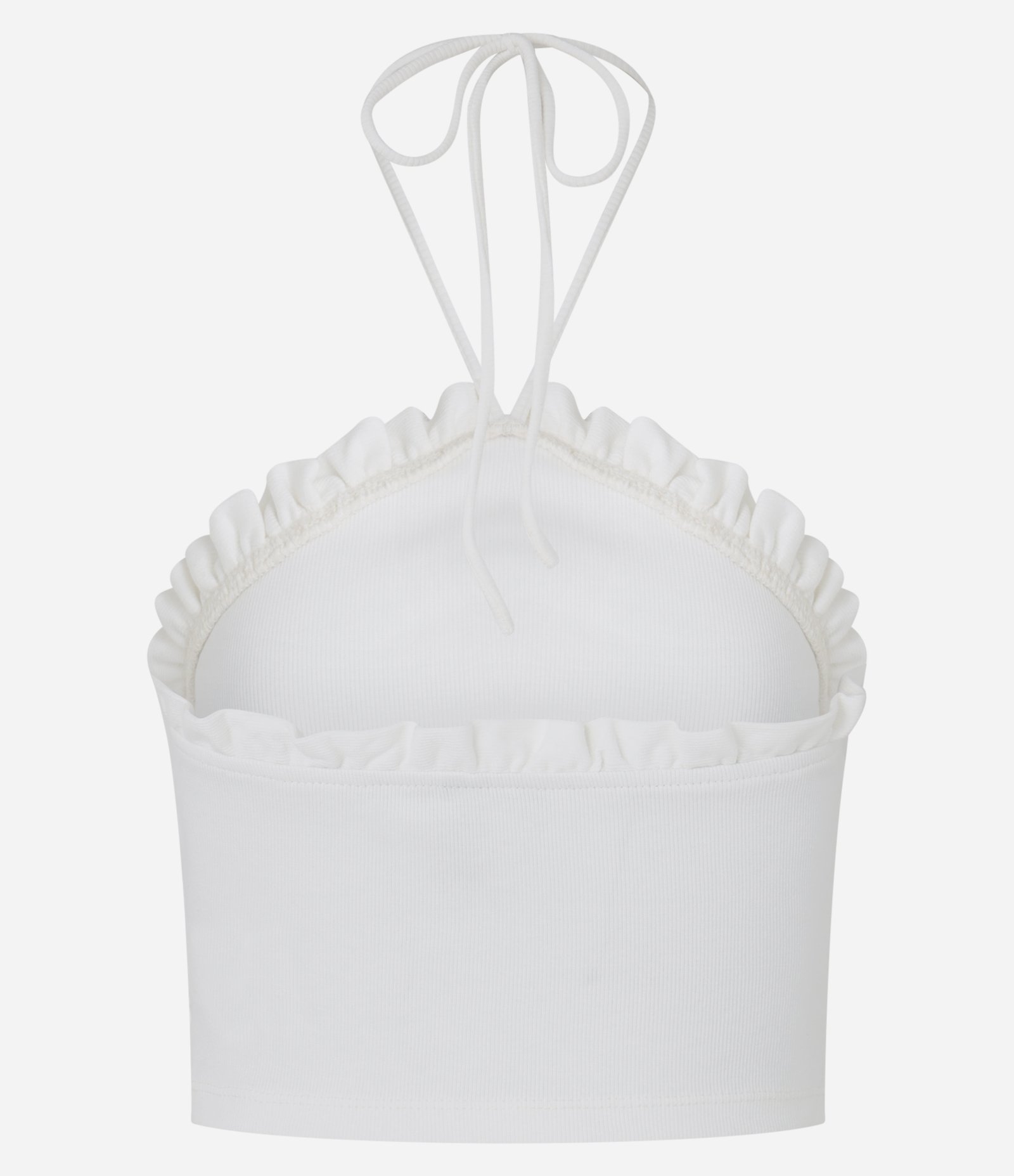 Blusa Cropped em Ribana Frente Única com Frufru Branco 6