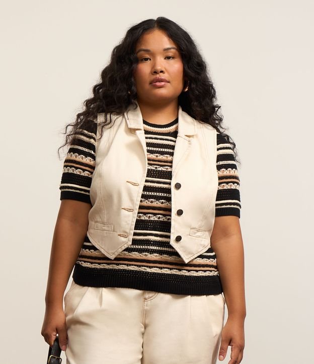 Colete em Sarja com Gola Lapela Curve & Plus Size