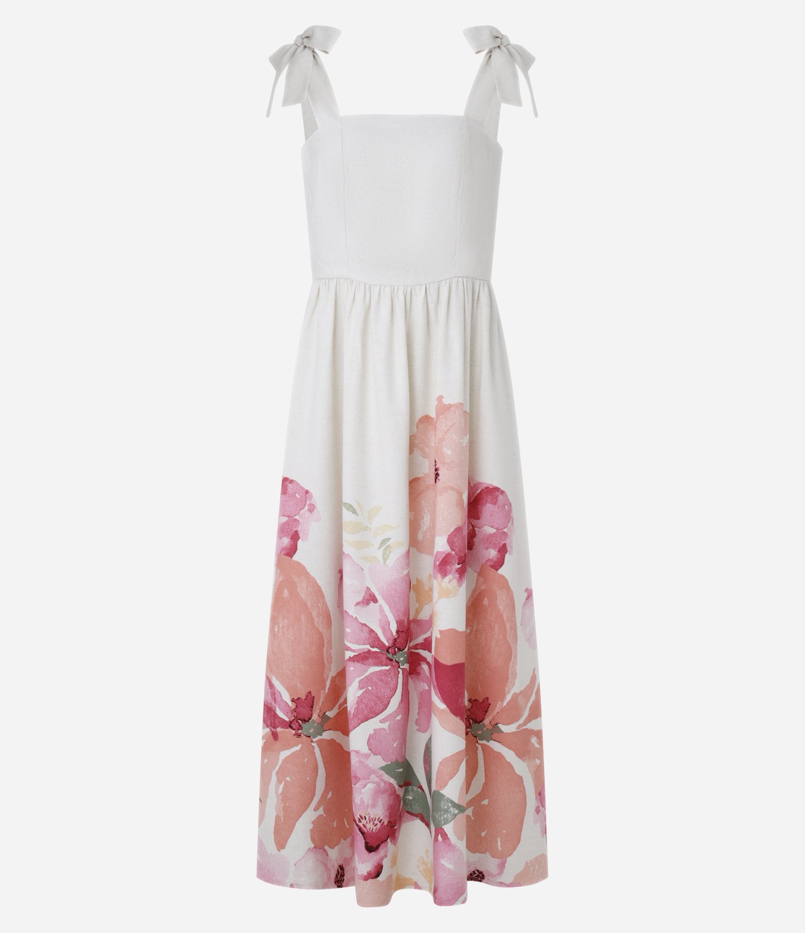 Vestido Evasê Midi Comfy em Viscolinho com Laços nos Ombros Off White/Rosa 5