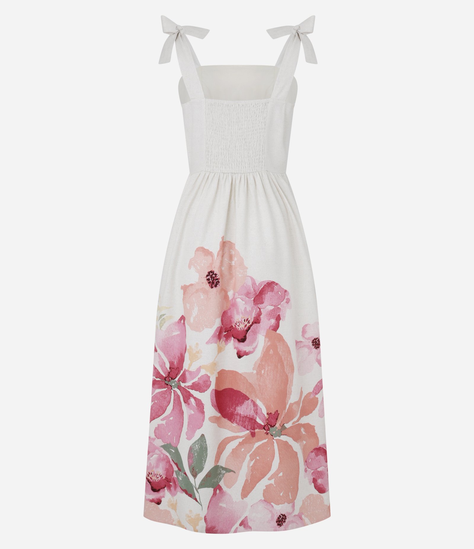 Vestido Evasê Midi Comfy em Viscolinho com Laços nos Ombros Off White/Rosa 6