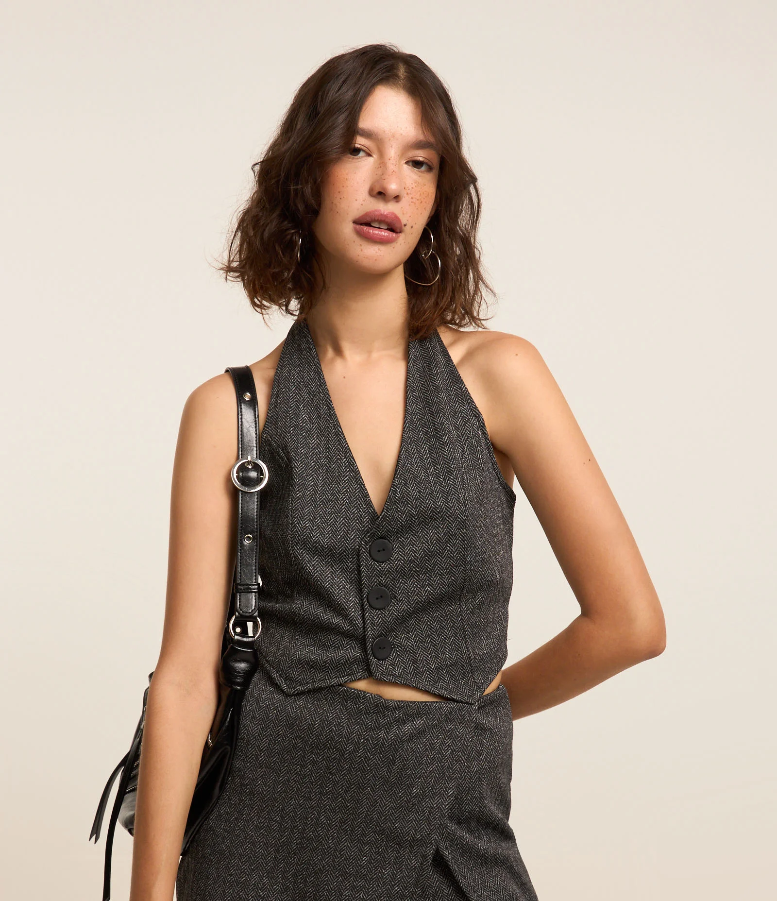 Colete Jacquard Frente Única com Botões Preto 1