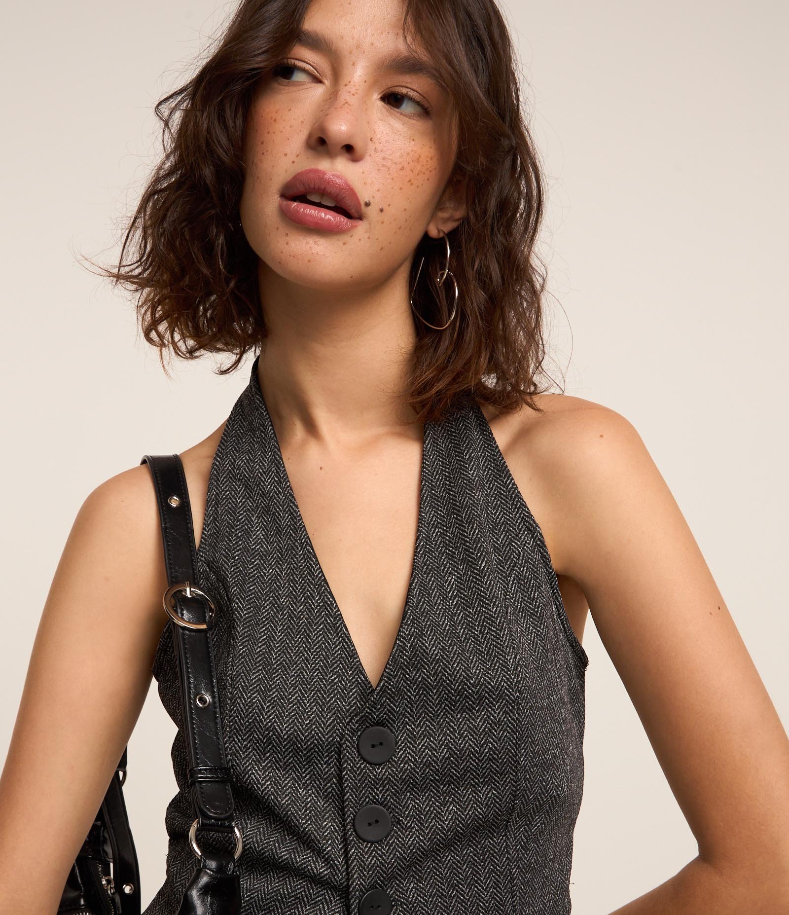 Colete Jacquard Frente Única com Botões Preto 3