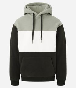 Blusão Fechado em Fleece com Blocos de Cor e Bolso Canguru