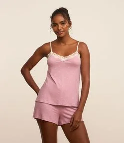 Pijama Short Doll Alcinha com Estampa Poá e Detalhe de Renda