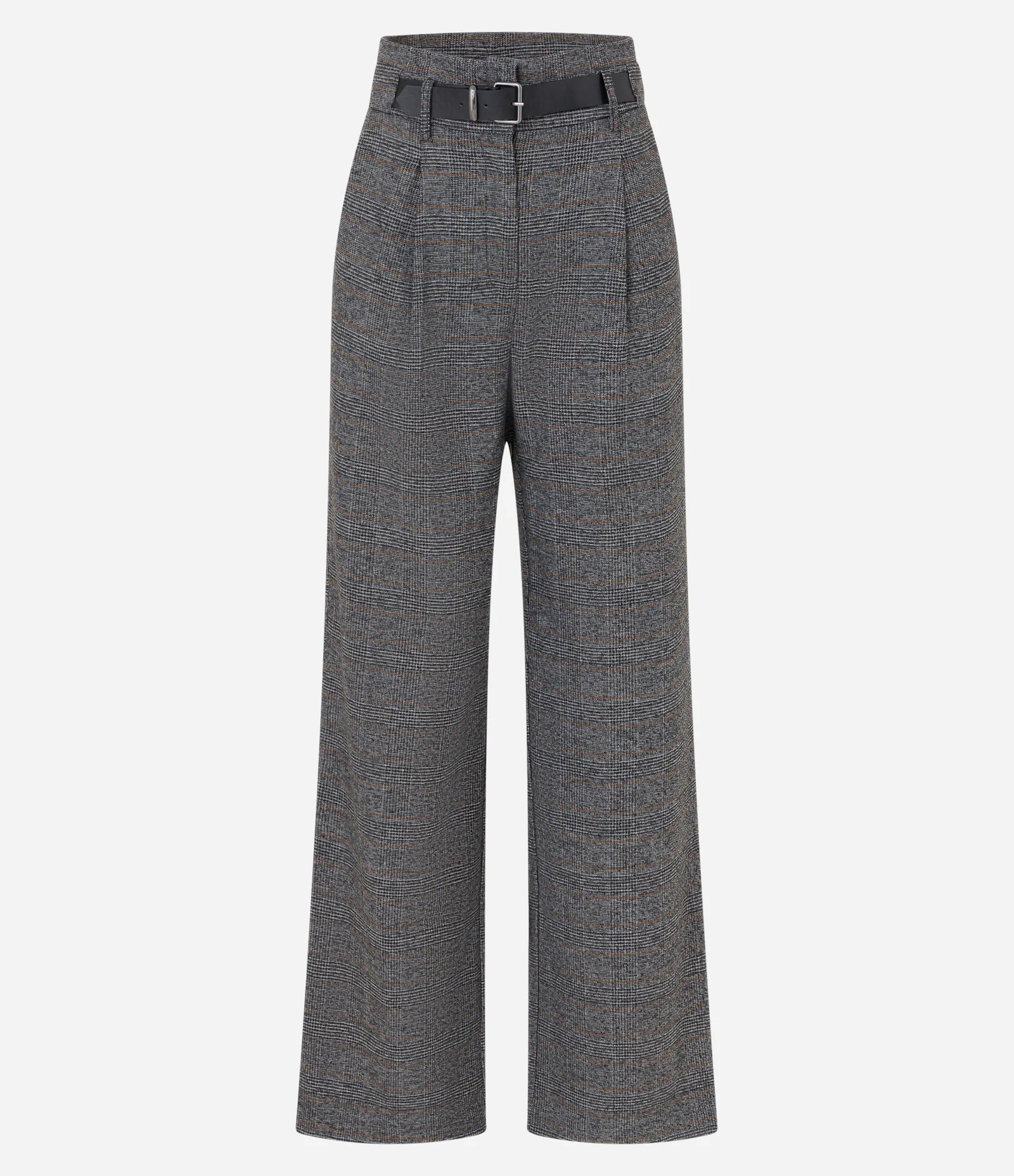 Calça Reta em Alfaiataria Xadrez com Cós Alto e Meio Cinto Cinza 1