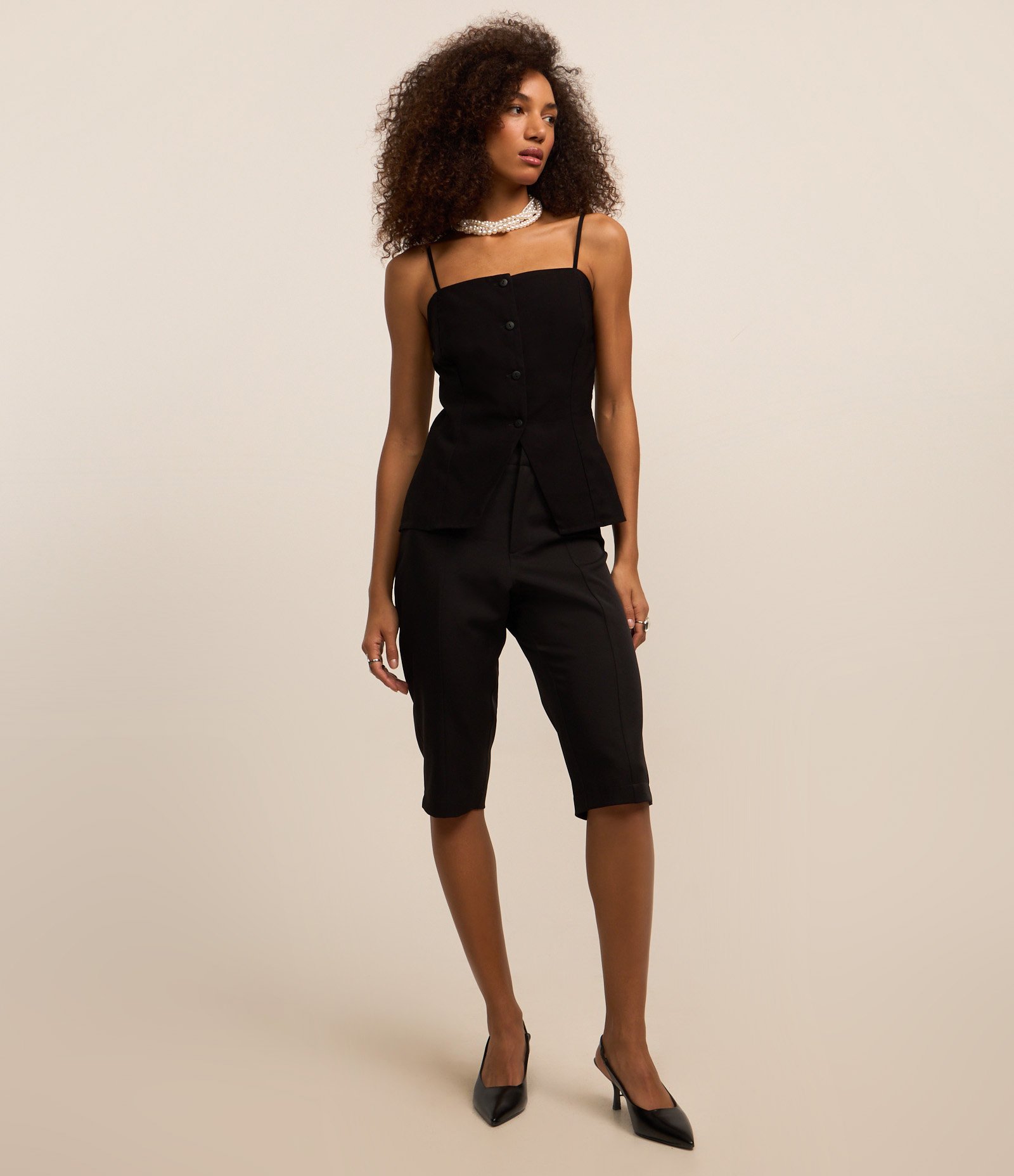 Blusa de Alça em Alfaiataria com Botões Preto 2
