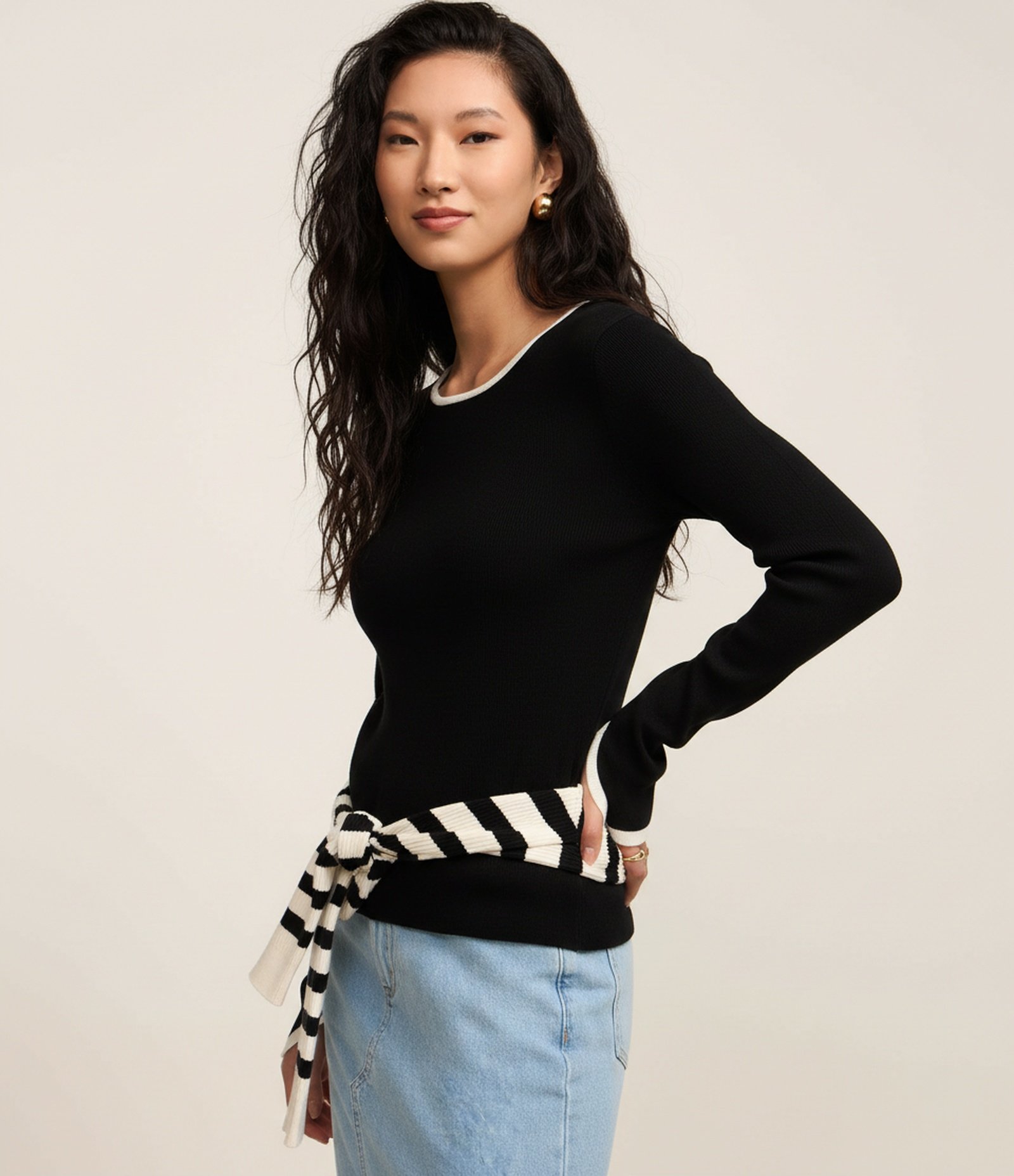 Suéter Regular em Tricô com Viés Contrastantes Preto 4