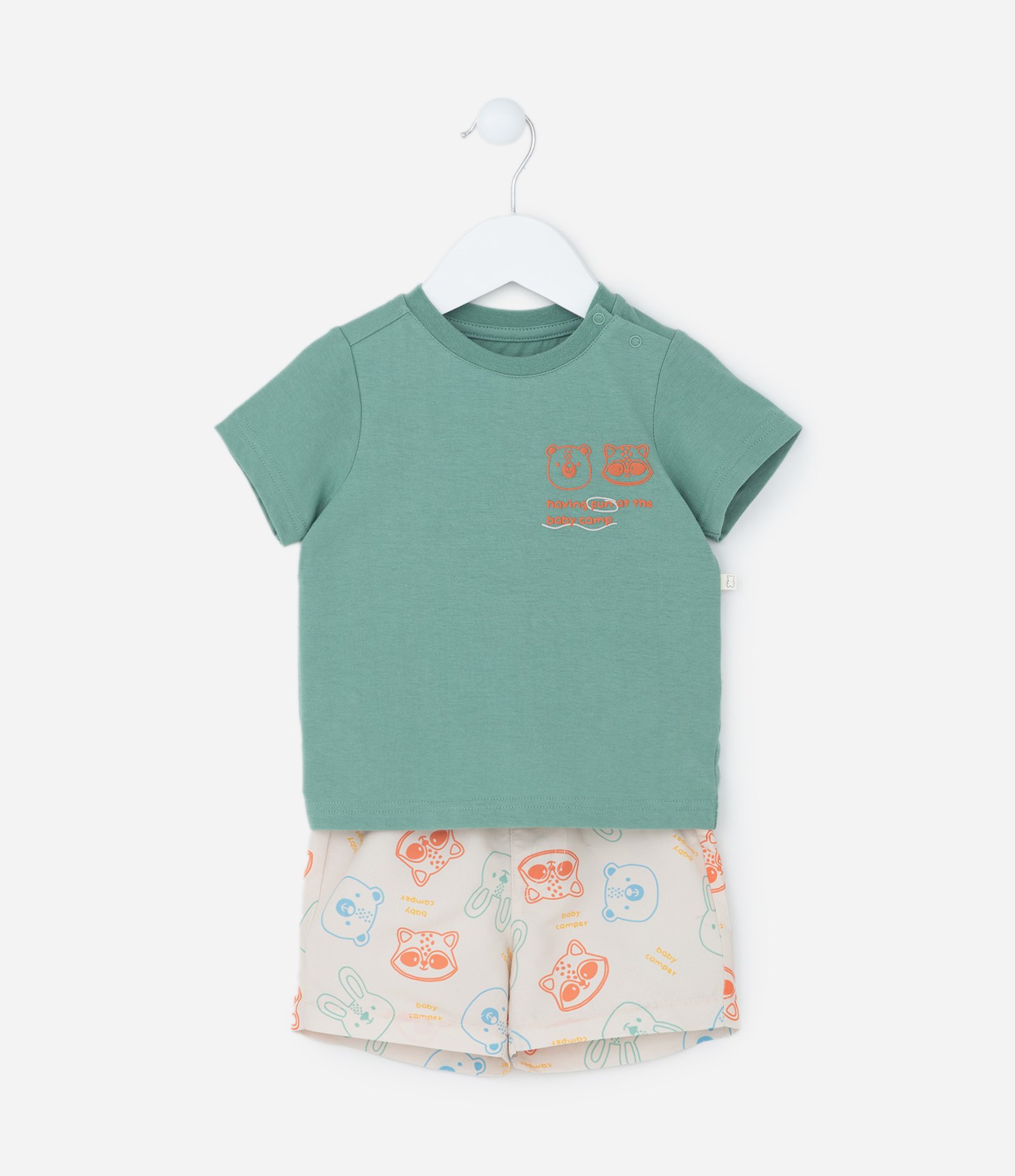 Conjunto Infantil em Algodão Estampa Cara de Bichinhos - Tam 0 a 18 meses Verde/Bege 1