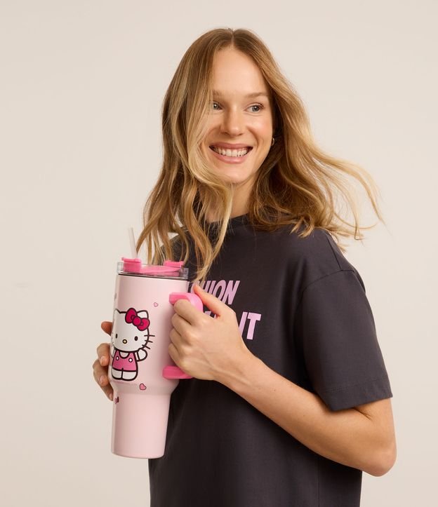 Copo em Metal com Canudo e Estampa Hello Kitty 1,2L