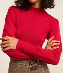 Suéter em Tricô com Gola Alta e Manga Bufante