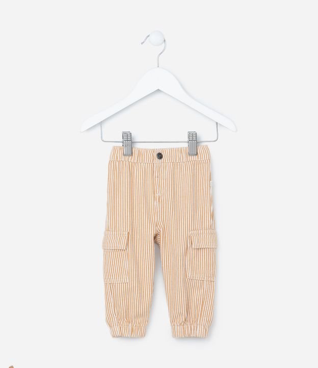 Calça Infantil em Sarja com Listras e Bolsinhos Cargo - Tam 0 a 18 meses