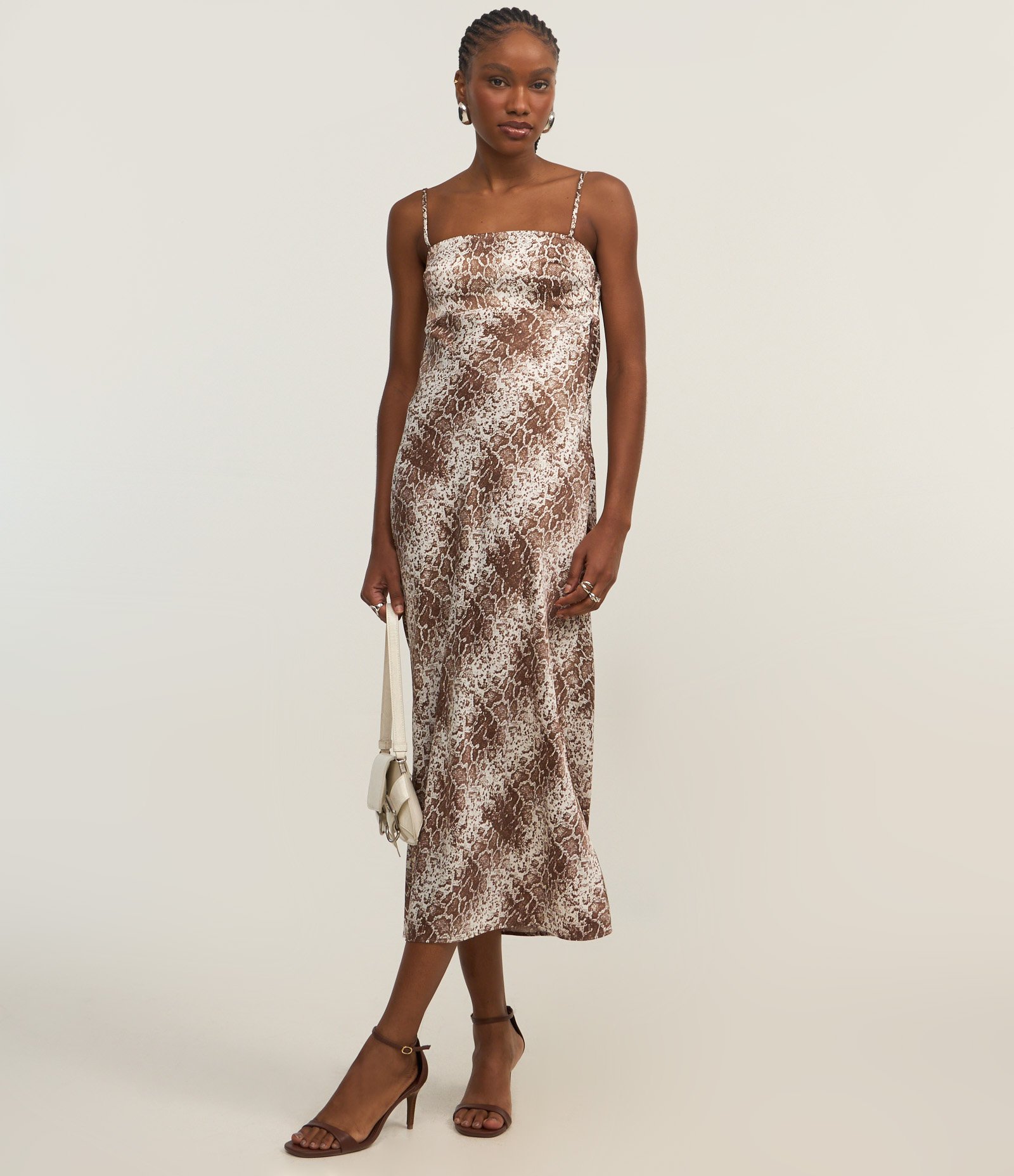 Vestido New Midi em Cetim com Estampa Animal Print Cobra Marrom 2