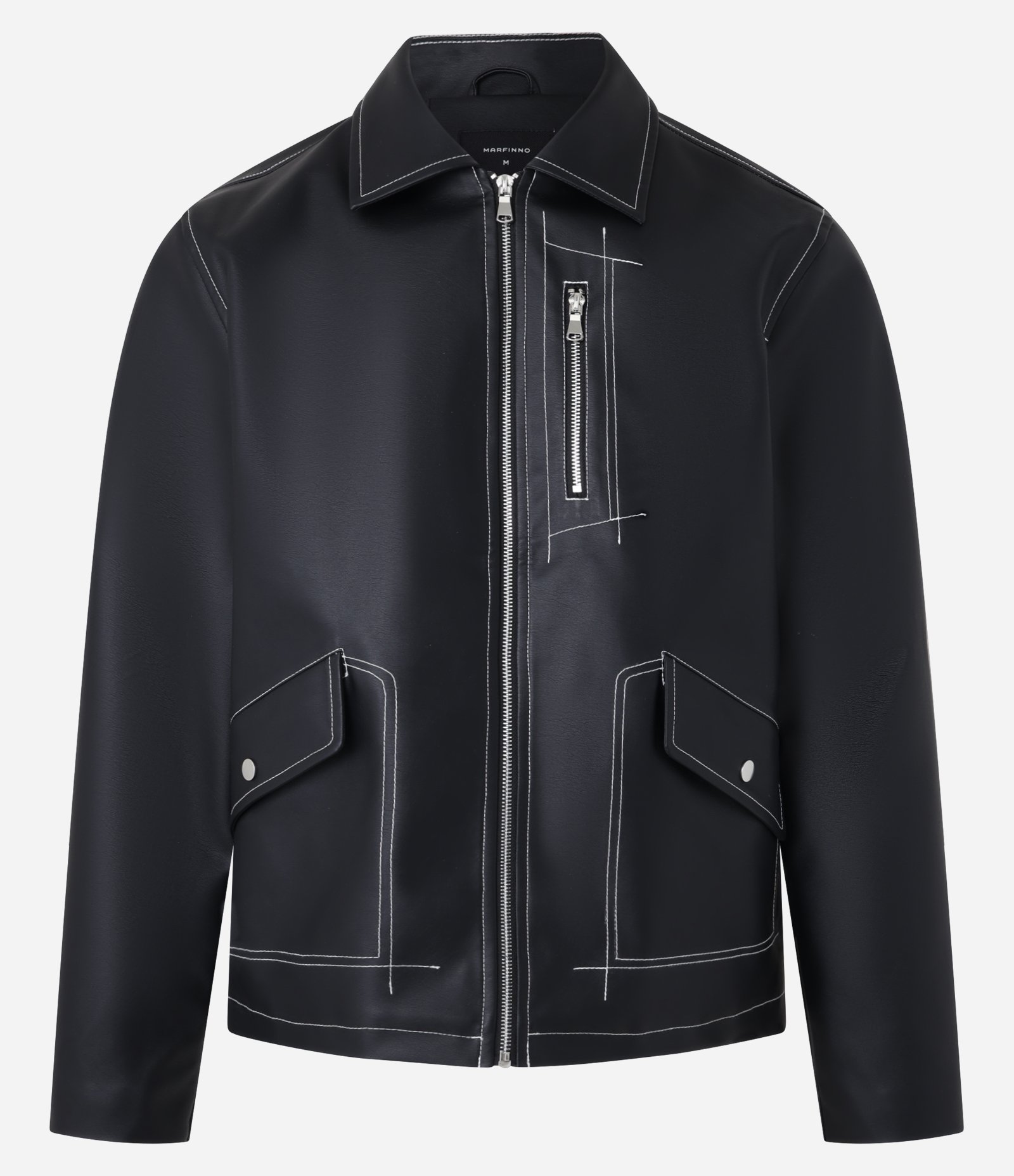 Jaqueta Pesada em PU com Costura Contrastante e Bolsos Cargos Assimétricos Preto 8