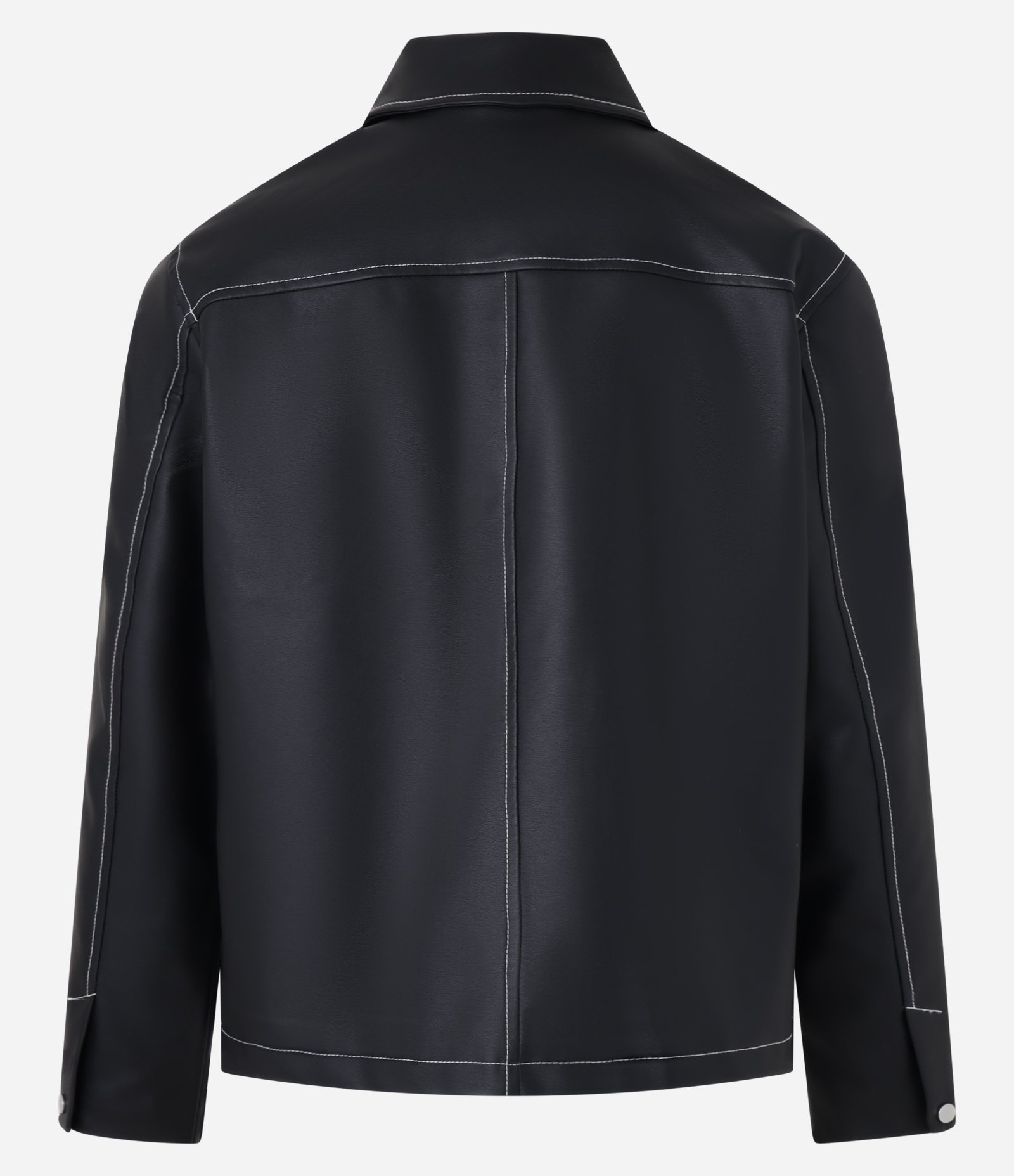 Jaqueta Pesada em PU com Costura Contrastante e Bolsos Cargos Assimétricos Preto 9