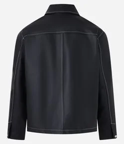 Jaqueta Pesada em PU com Costura Contrastante e Bolsos Cargos Assimétricos