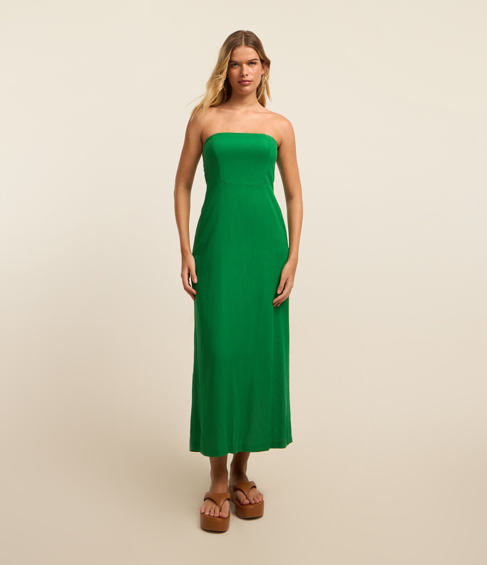 Vestido New Midi em Viscose e Linho com Lastex Verde 1