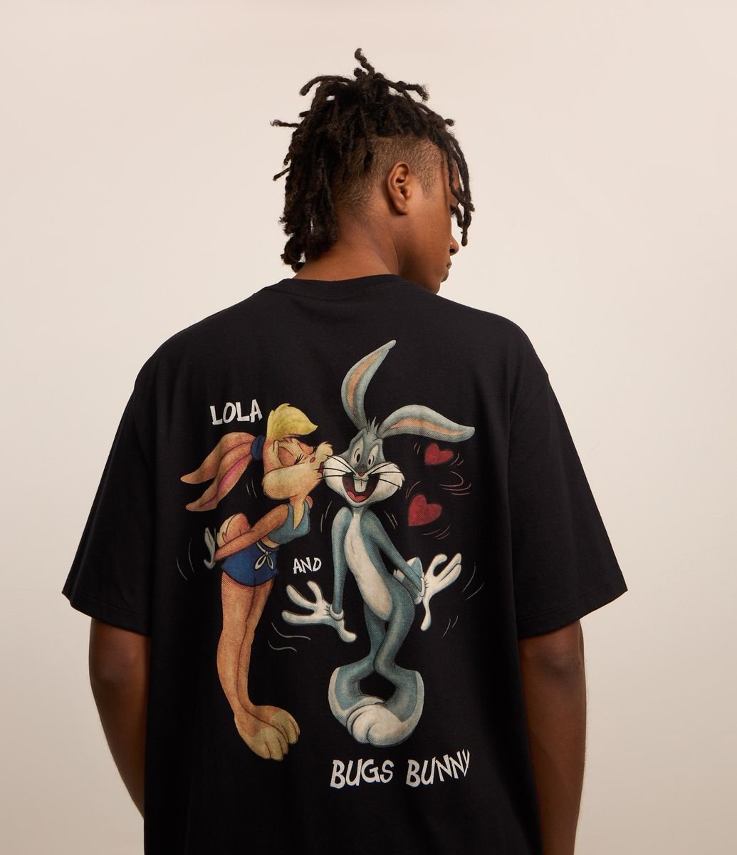 Camiseta Boxy em Algodão com Estampa Looney Tunes Crazy in Love Preto