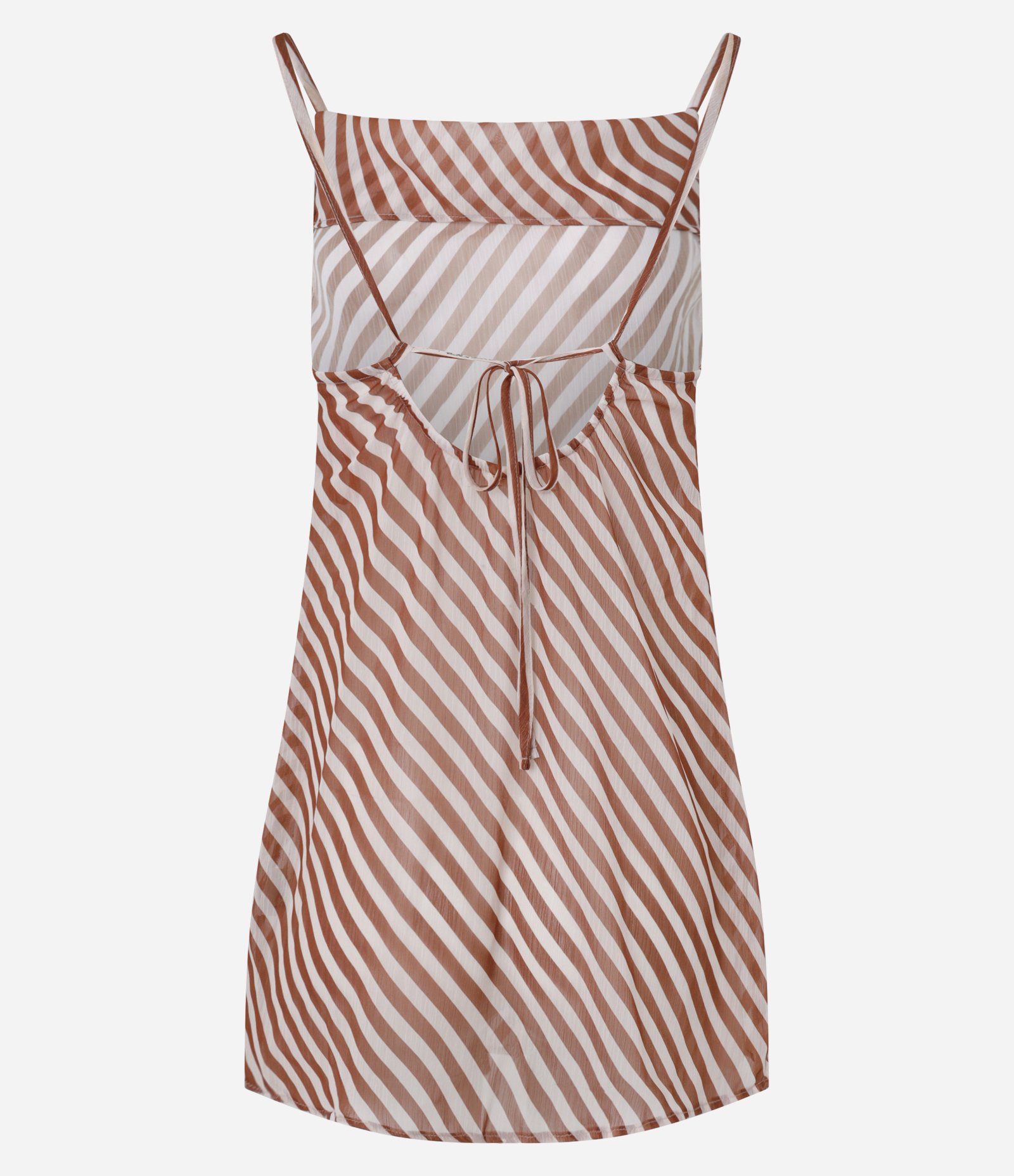 Saída de Praia Vestido em Tule com Listras e Amarração Marrom/ Branco 5