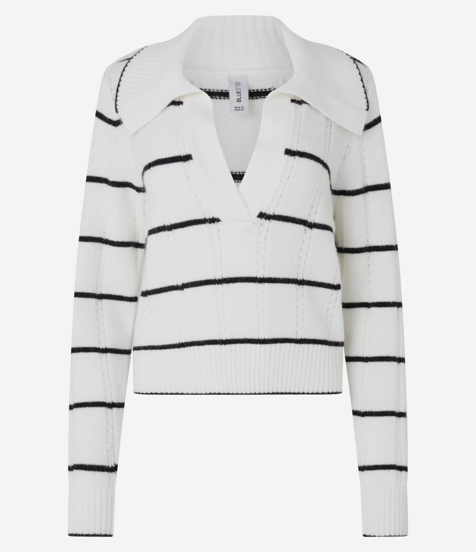 Suéter em Tricô Pesado com Gola Polo e Estampa Listrada Branco 1