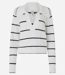 Suéter em Tricô Pesado com Gola Polo e Estampa Listrada