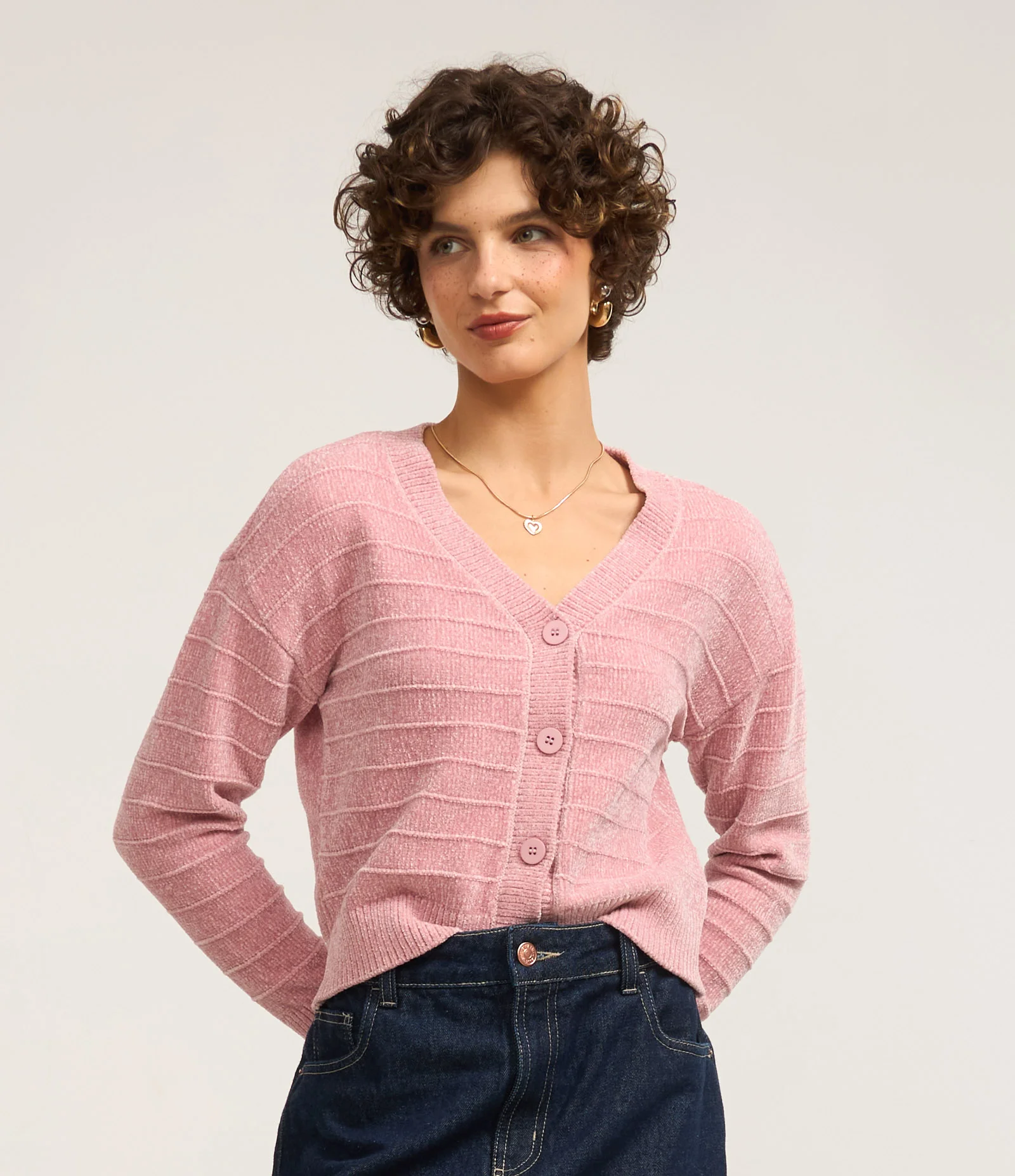 Cardigan Curto em Chenille com Listras Rosa 1