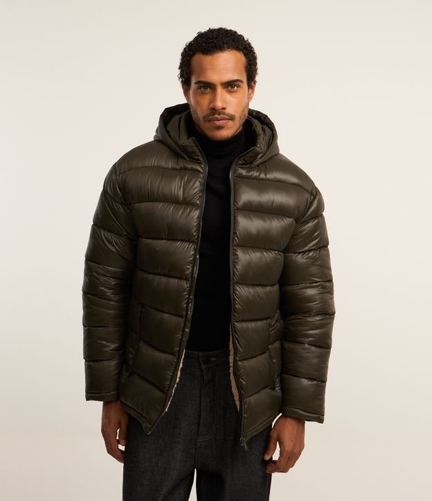 Jaqueta Puffer em Poliamida com Gomos e Forro de Sherpa