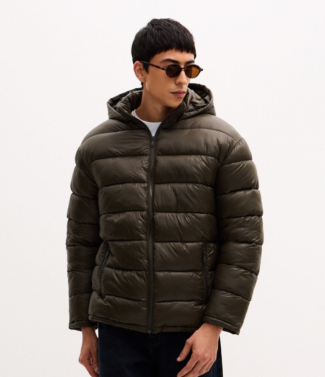 Jaqueta Puffer em Poliamida com Gomos e Forro de Sherpa Cinza Escuro