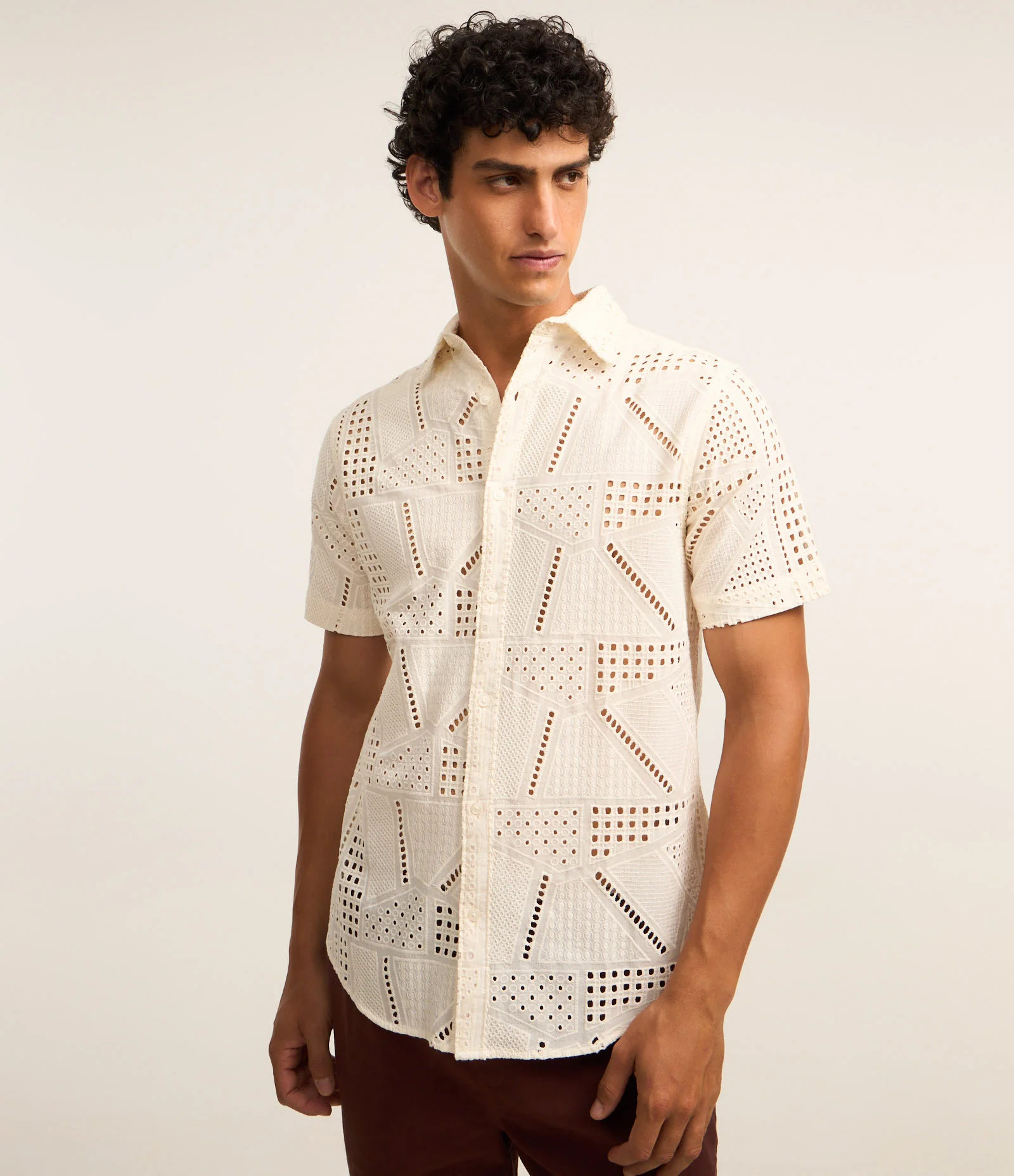 Camisa Comfort em Laise com Textura Patchwork Off White 1
