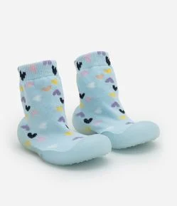 Meia Infantil com Solado Emborrachado e Estampa Corações - Tam 19 a 26