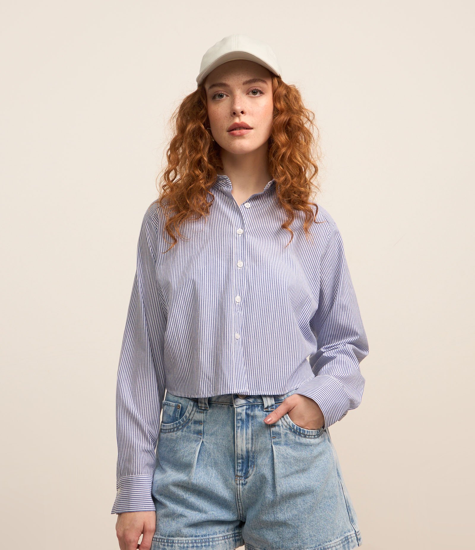 Camisa Curta em Tricoline com Listras em Fio Tinto Azul 1