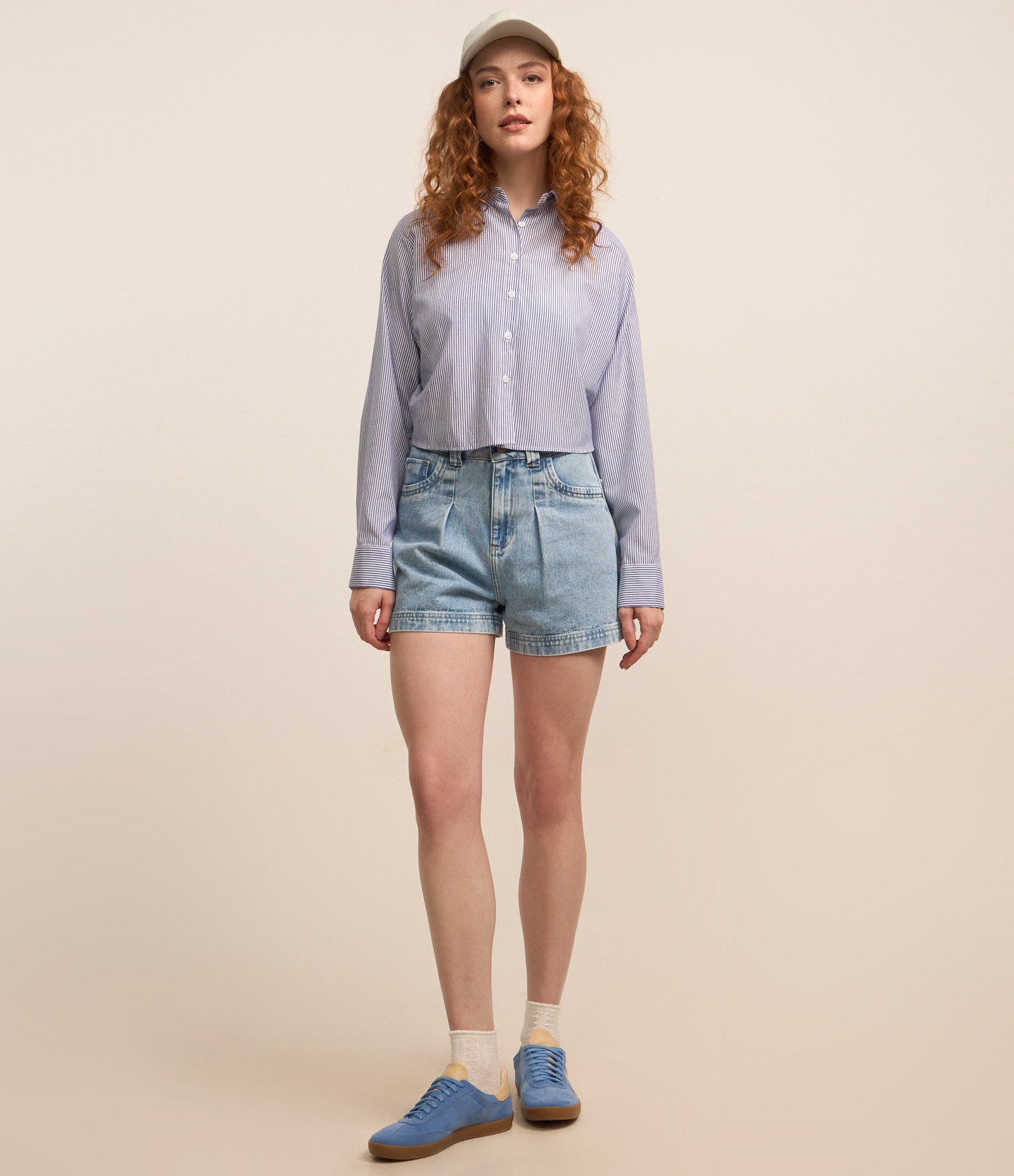 Camisa Curta em Tricoline com Listras em Fio Tinto Azul 2