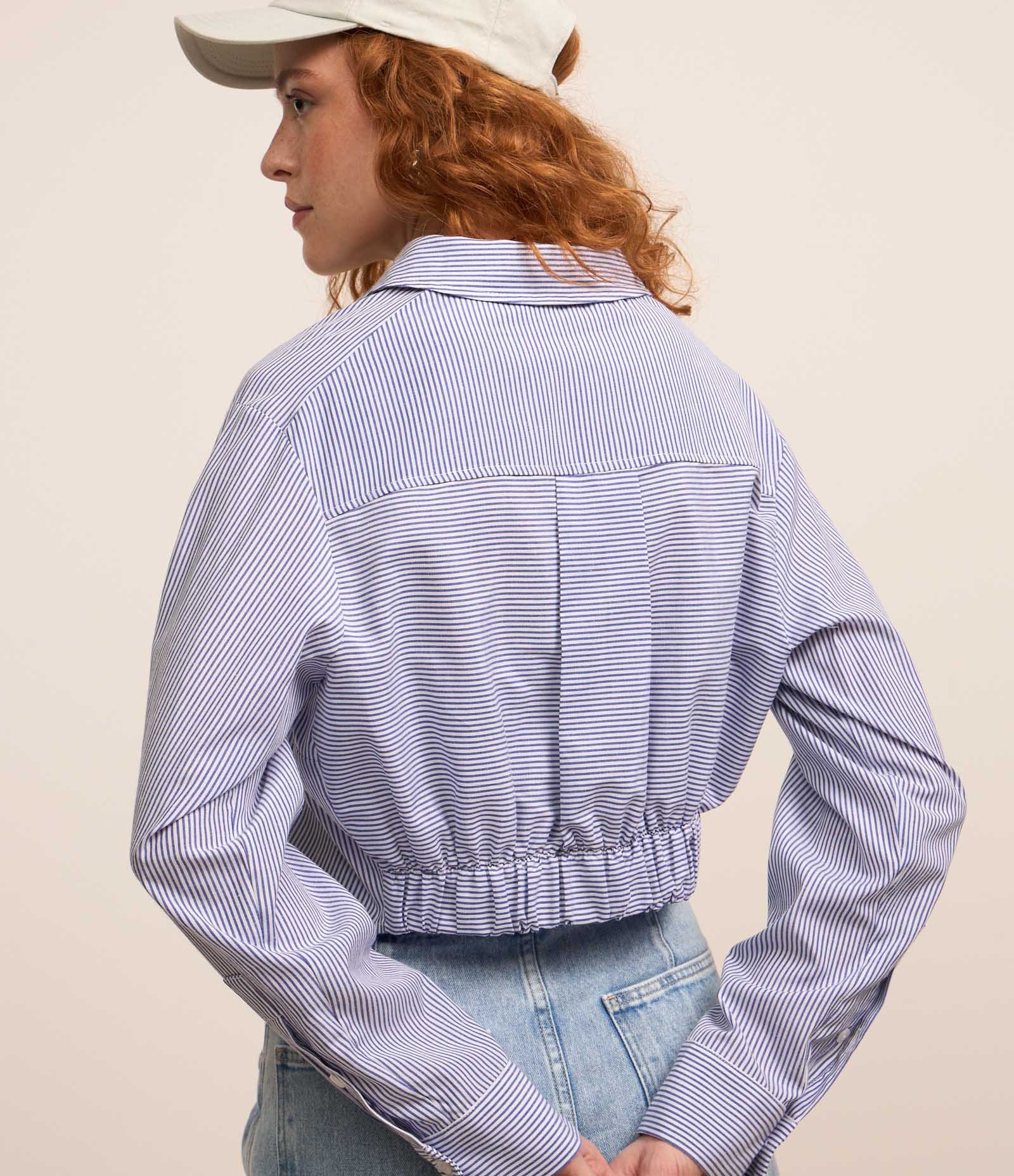 Camisa Curta em Tricoline com Listras em Fio Tinto Azul 5