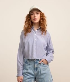 Camisa Curta em Tricoline com Listras em Fio Tinto