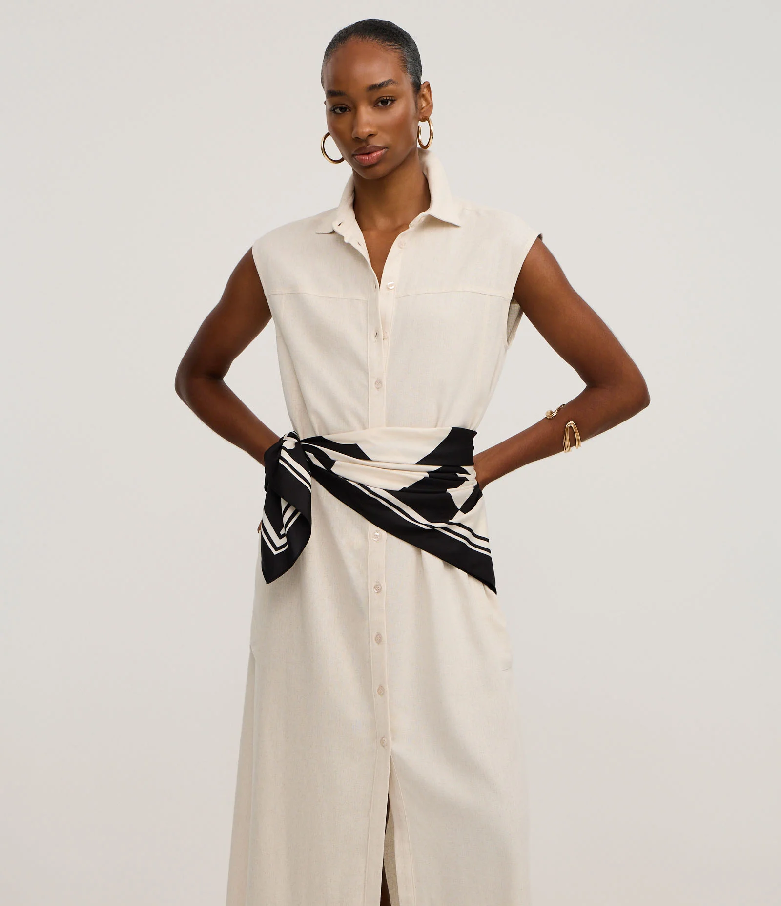 Vestido Chemise Plano com Linho e Botões Off White 1