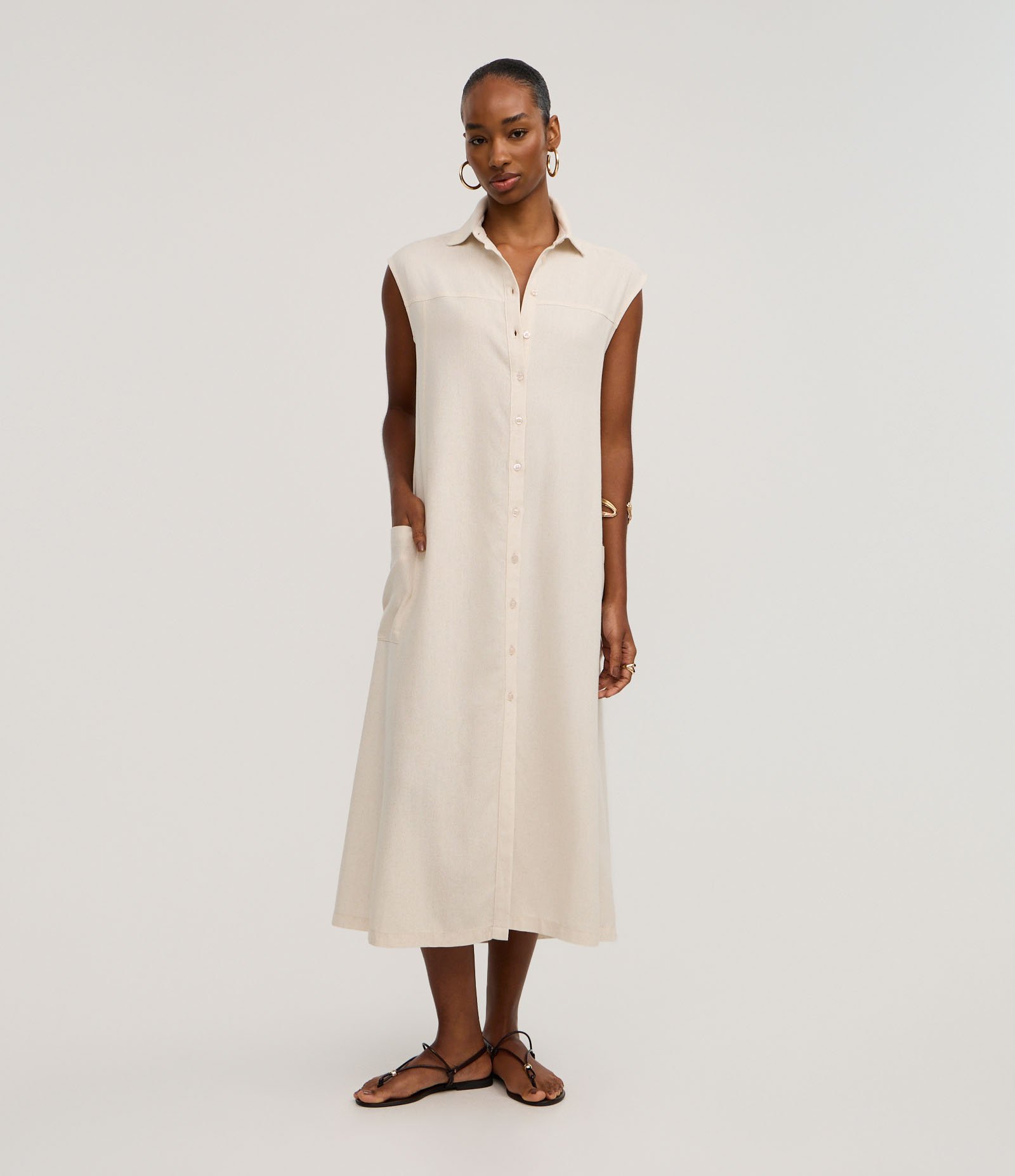 Vestido Chemise Plano com Linho e Botões Off White 3