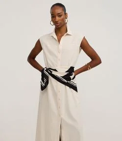 Vestido Chemise Plano com Linho e Botões