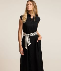 Vestido Chemise Plano com Linho e Botões