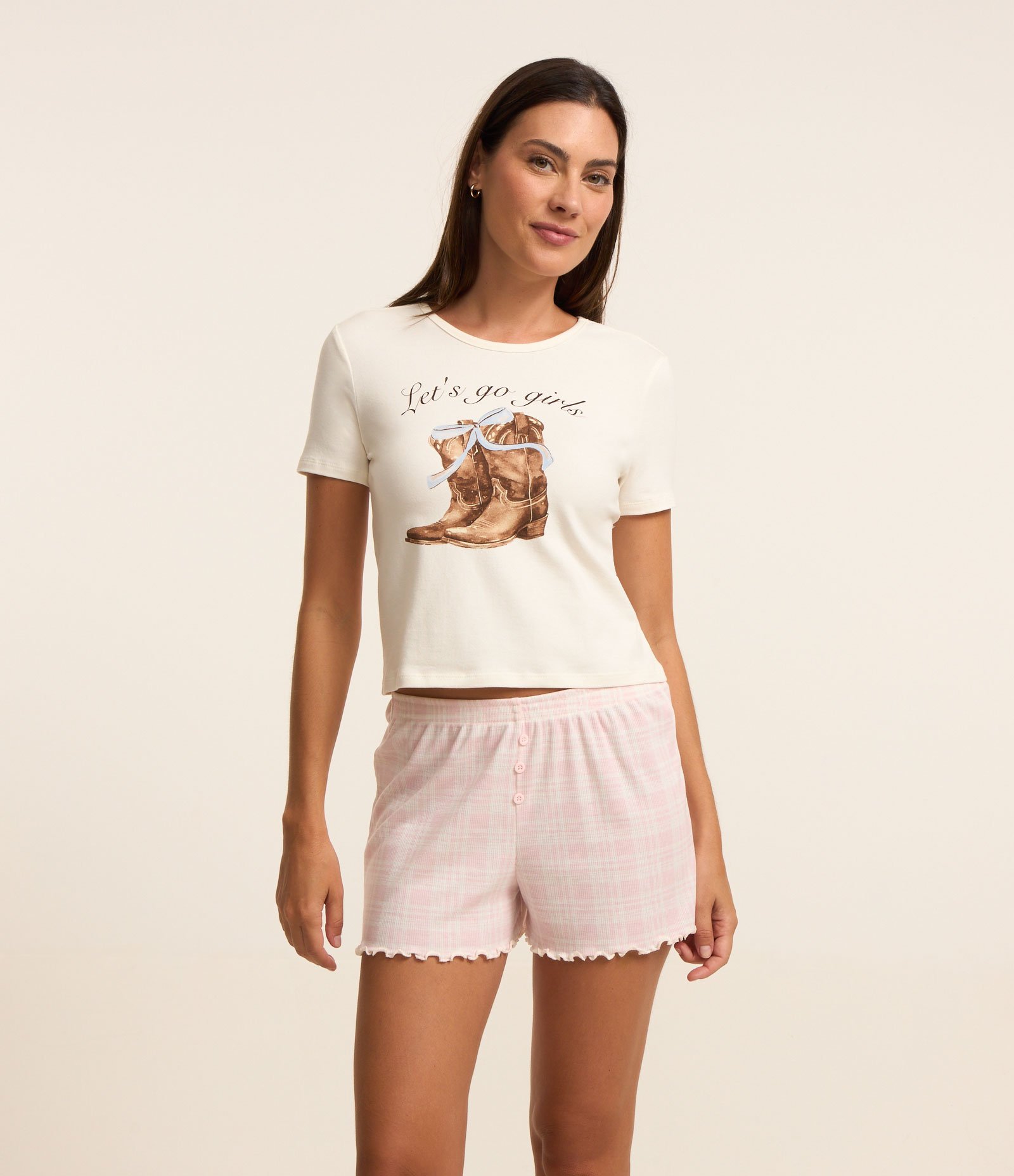 Pijama Short Doll em Algodão com Estampa Botas Rosa 1