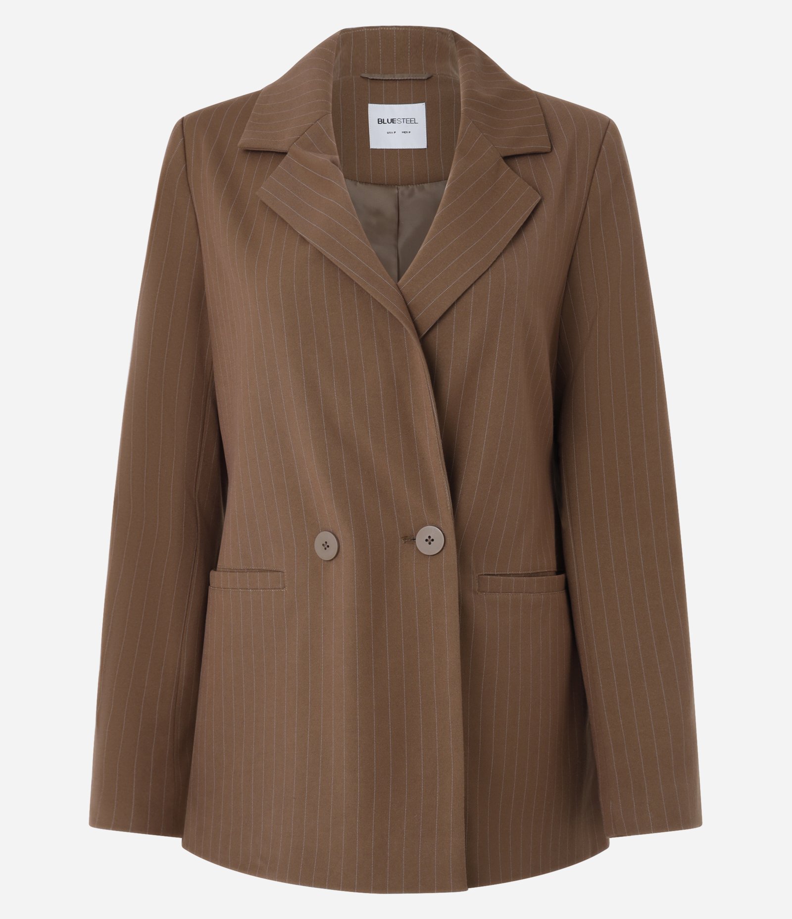 Blazer Alongado em Alfaiataria com Listras Risca de Giz e Botões Marrom 1