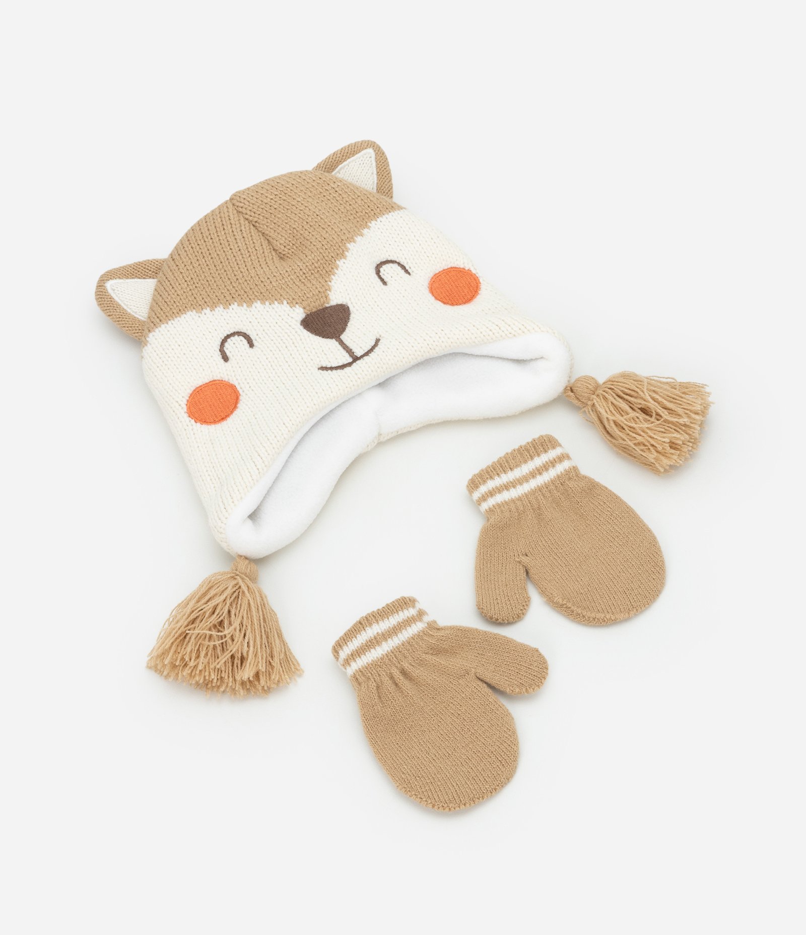 Conjunto Gorro e Luva em Tricô com Bordado Raposinha - Tam 0 a 12 meses Bege 1