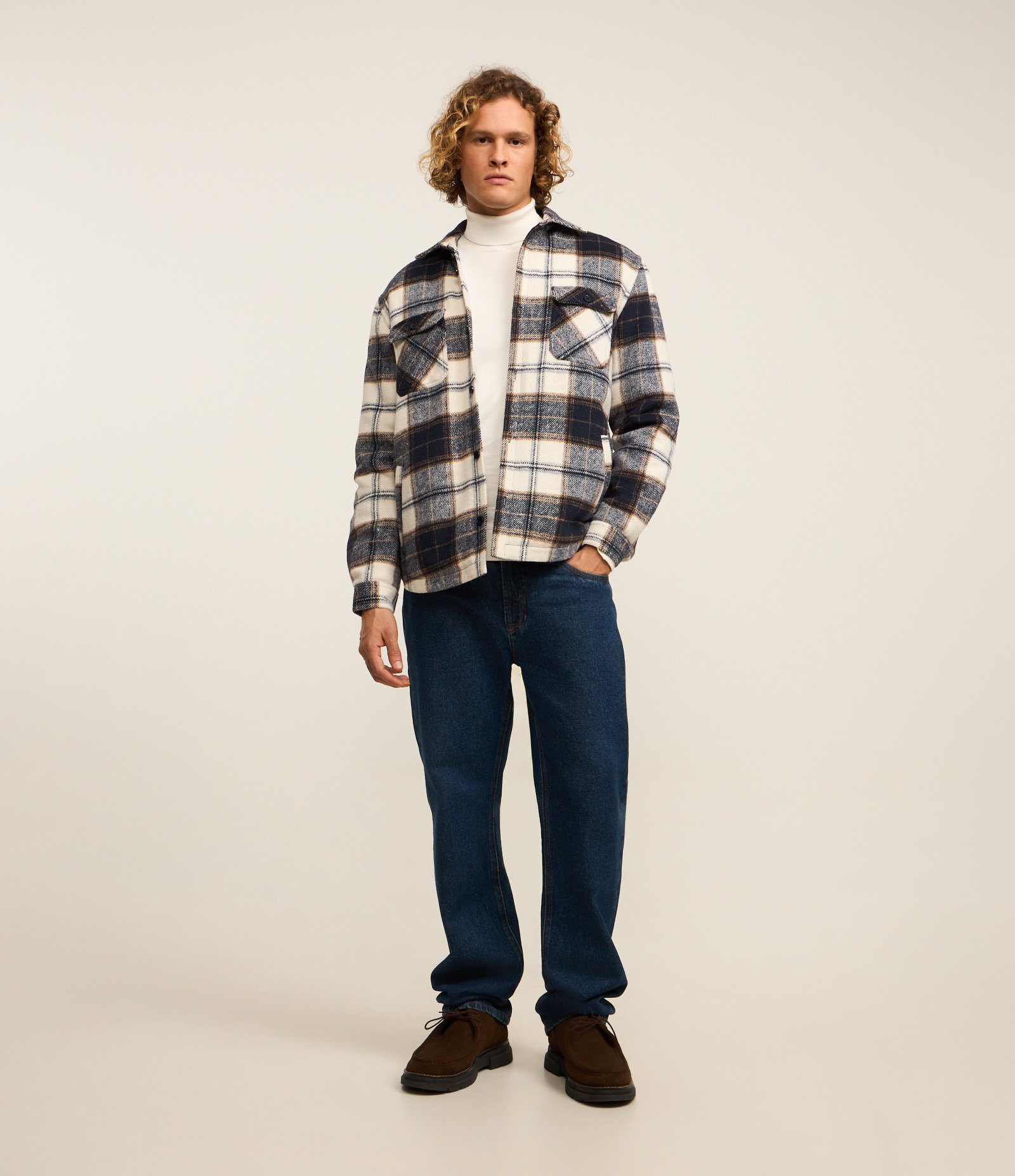 Jaqueta Trucker em Flanela com Estampa Xadrez e Sherpa Jeans/Marrom/Branco 2