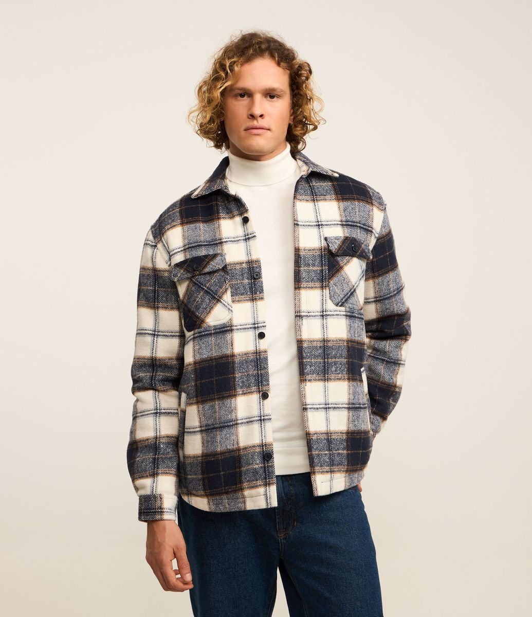 Jaqueta Trucker em Flanela com Estampa Xadrez e Sherpa Jeans