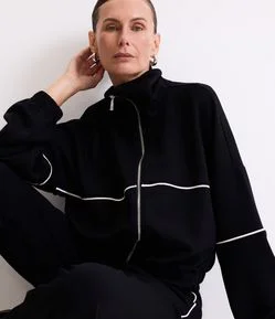 Casaco em Viscose com Zíper e Viés Contrastante