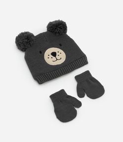 Conjunto Touca e Luva em Tricô com Bordado Urso - Tam 0 a 12 meses