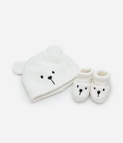 Conjunto Gorro e Meia em Tricô com Bordado Urso - Tam RN a 6 meses
