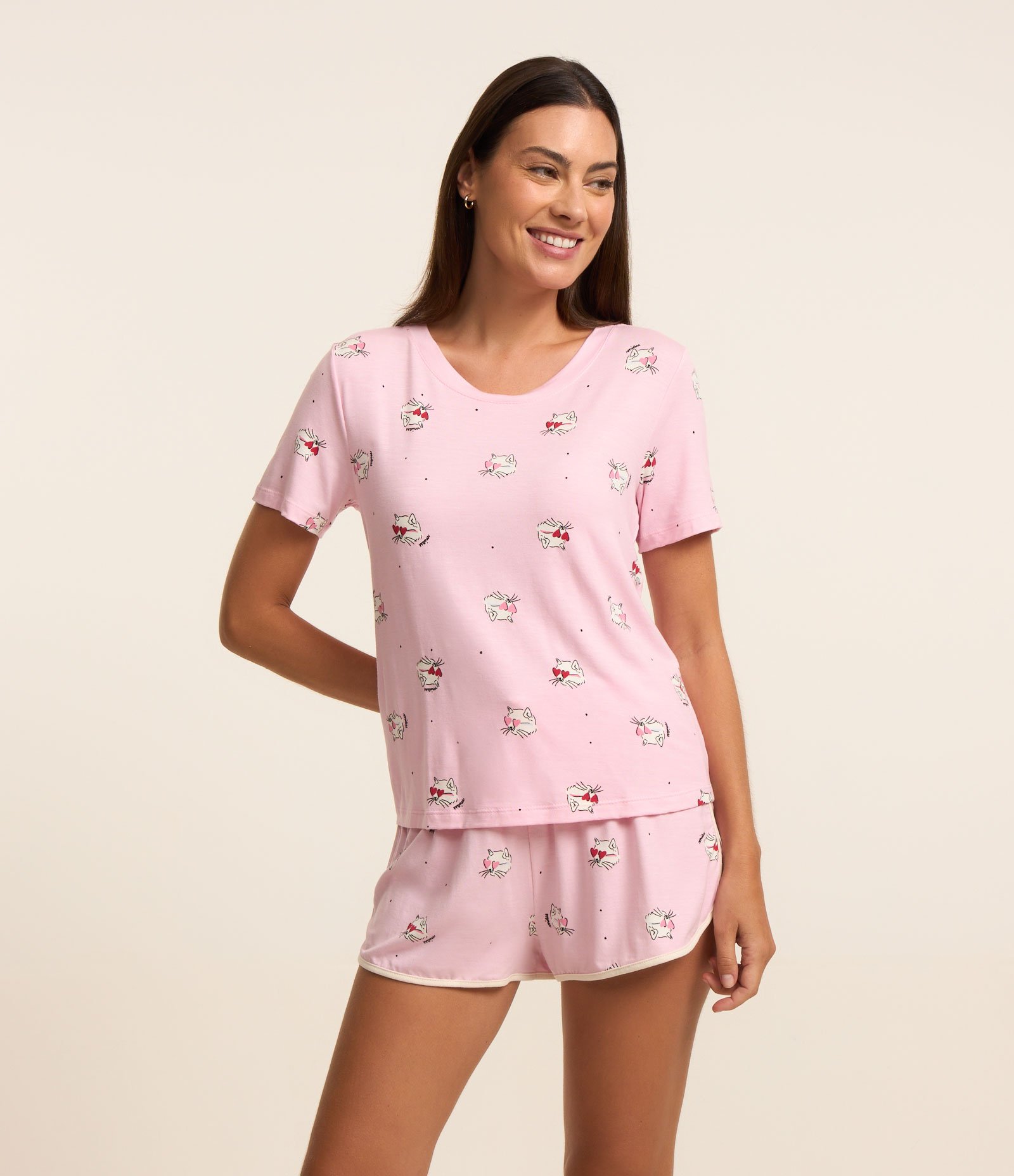 Blusa de Pijama Manga Curta em Viscose com Estampa de Gato Rosa 1